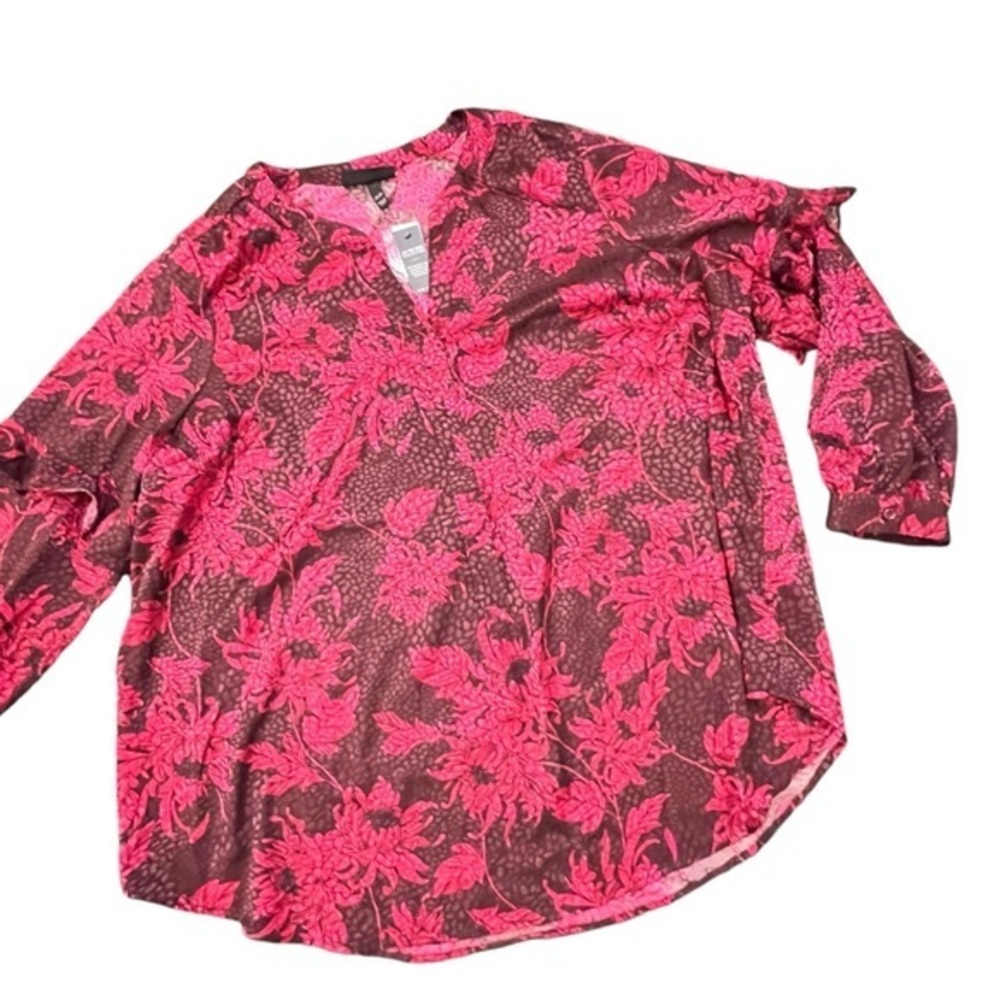 Lane Bryant Top Blouse 22/24 Long Sleeve Ruffles V-Neck Colorful Floral NWT Pink